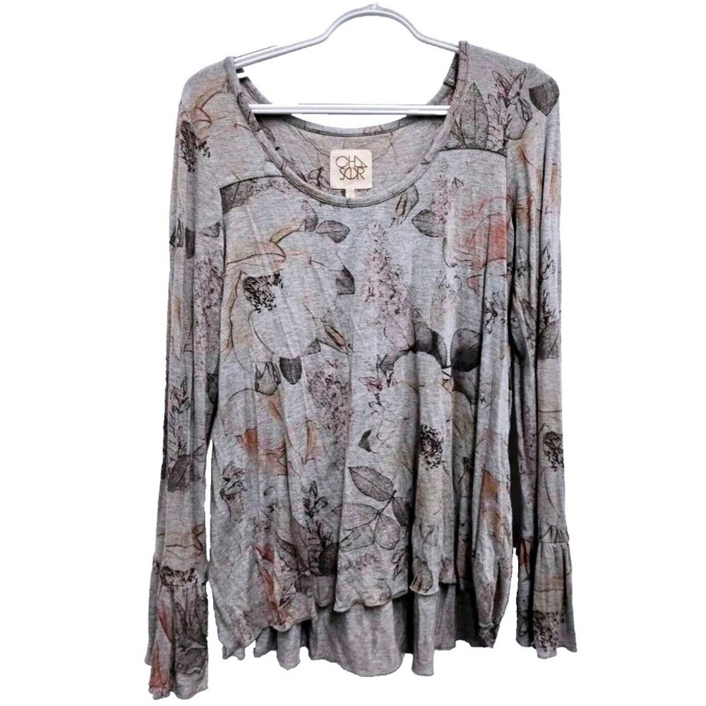 Chaser Floral Babydoll Top Womens Small Gray Long Sleeve Ruffle Cuff Boho